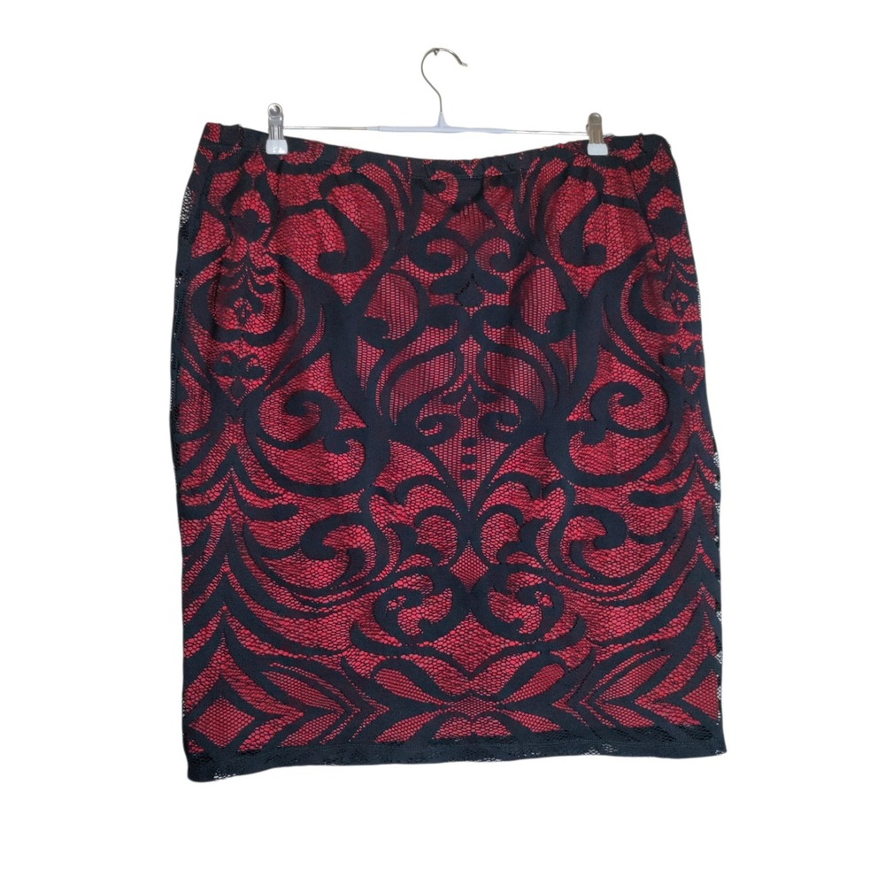 Bisou Bisou Michele Bohbot Red Black Lace Pencil Skirt Plus Size 3X Damask